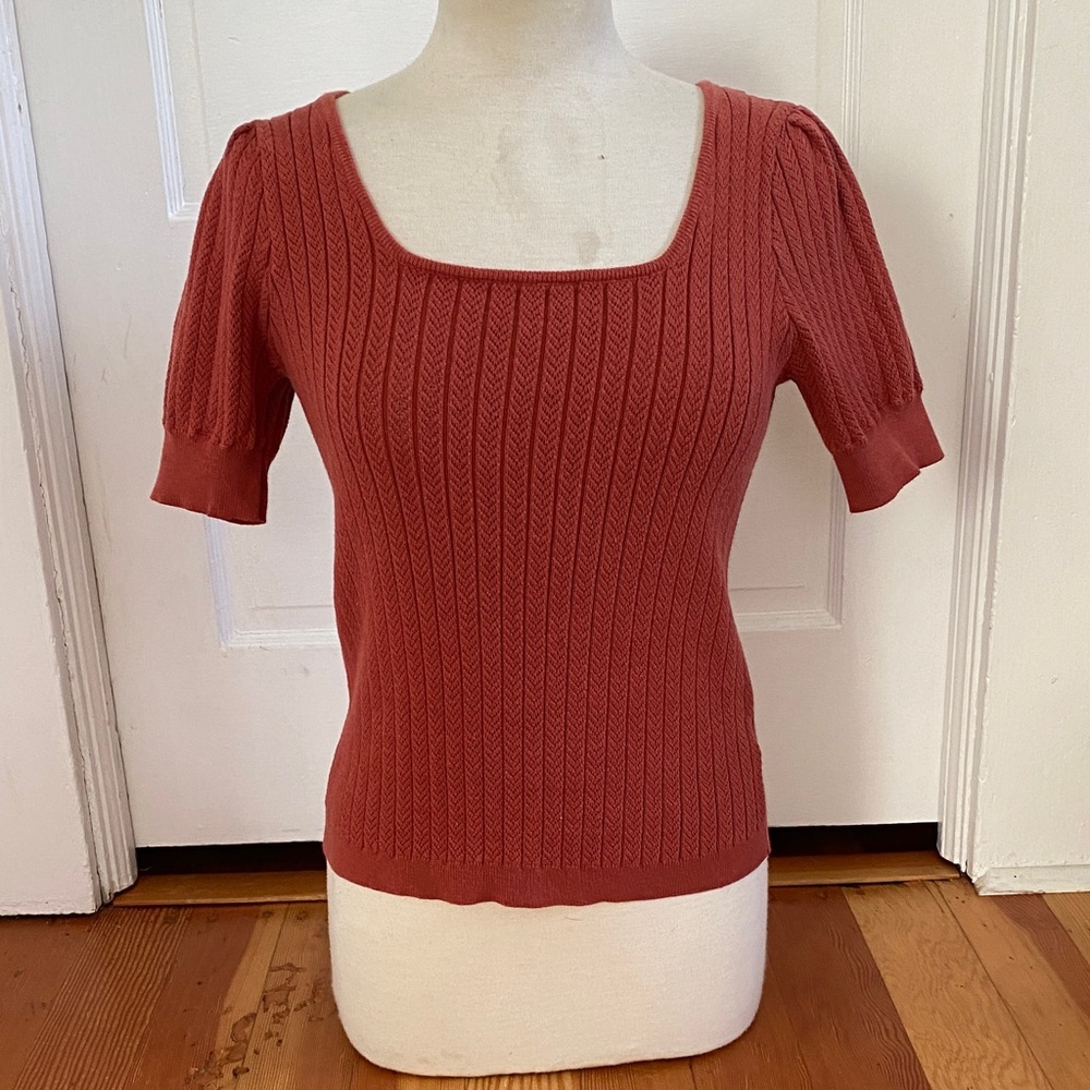 FRNCH Rust Pointelle Knit Puff Sleeve Sweater Large‎